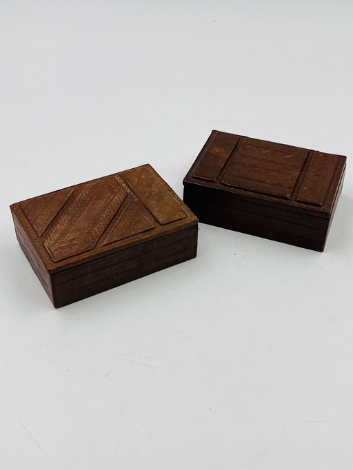Set of two wooden and leather boxes
