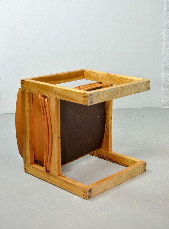 Image 1 of Brutalist Ate van Apeldoorn Dutch Design Cognac Leather Cubic Pinewood Side Chair for Houtwerk Hattem. The Netherlands, 1970s.