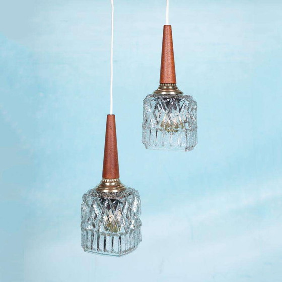 Image 1 of Vintage set of pendant lights glass 60s teak brass & glass pendants