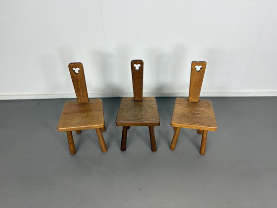 Image 1 of 3 x Mid-Century Mini Pierre Chapo Style Solid Oak Chairs1960s Modernist Brutalist 