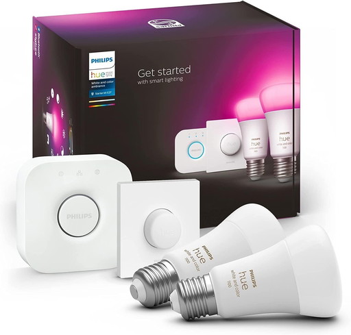 Philips Hue White and Color Ambiance, Kit de démarrage 2 ampoules connectées E27, 1100 lm, Pont et télécommande, compatible Blue