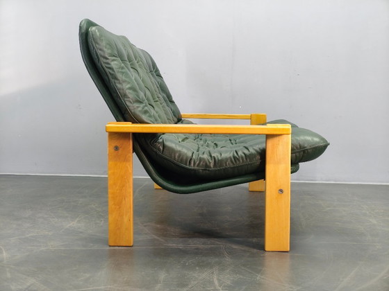 Image 1 of Tweezitsbank van groen leer uit het midden van de 20e eeuw, Tsjechoslowakije, jaren 70