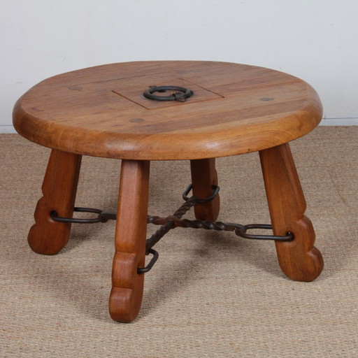 Round coffee table in solid oak and wrought iron, 1950