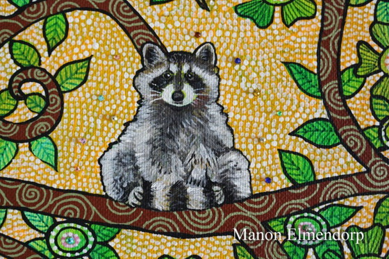 Image 1 of 100% Hand-painted Painting Raccoon New 24x18cm