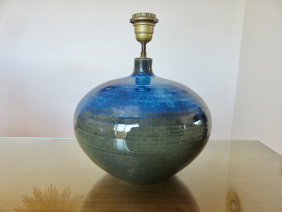 Image 1 of Impressive lamp in iridescent blue ceramic with green gradients, France, circa 1960
