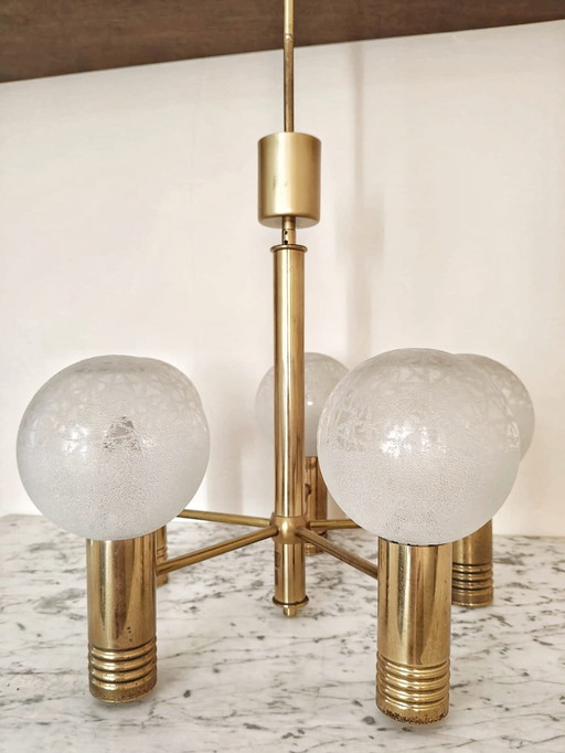 Vintage pendant lamp met vijf bollen van messing