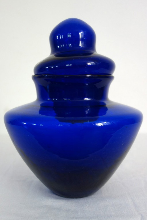 Grande bonbonnière en verre bleu cobalt bulles vintage