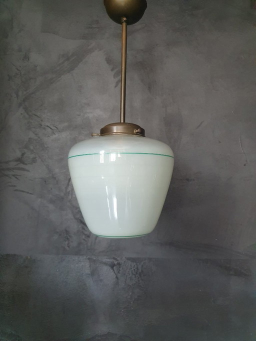 Vintage Art Deco Glass Conical Pendant Lamp Art Deco / 1930s / 40s lamp in white glass with green trim on top and bottom.