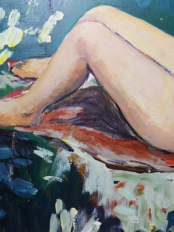 Image 1 of Small painting of a reclining nude woman, modern oil on vintage panel
