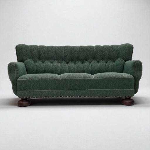 Dänisches 3-Sitzer-Sofa aus den 1960er Jahren, grüne Möbelwolle, Eichenholz.