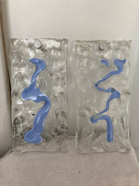 Pair of wall sconces in clear Murano glass enhanced with sky blue – Wall lights, Metal (photo 8 of 15)