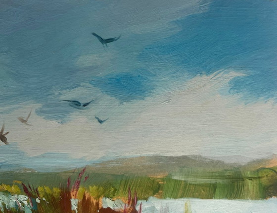 Image 1 of Peinture à l'huile originale représentant un paysage côtier fluvial, avec des pêcheurs parmi les roseaux.