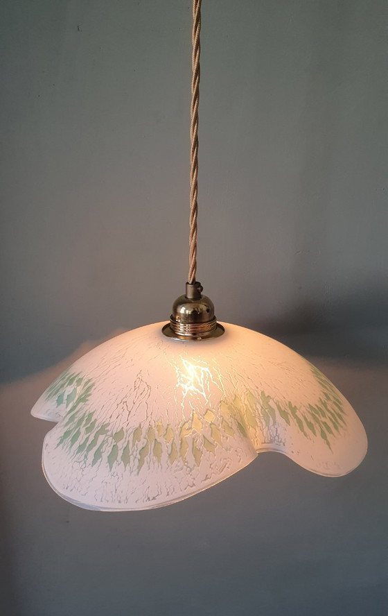 Grande (30cm) Suspension Vintage en Verre en forme de feuille – Métal (photo 3 of 20)