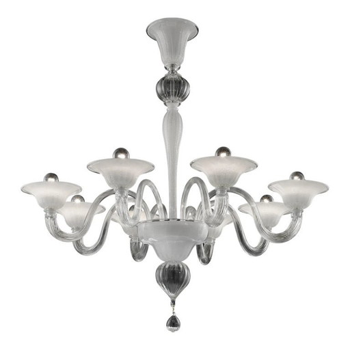 Contemporary Linear Transparent and White With Silver-Leaf Murano Glass Chandelier