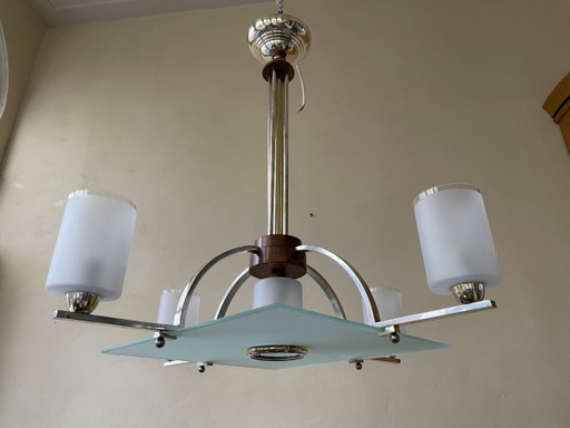 Grande lampada a sospensione Art Déco anni '30 con 4 bracci e ciotole in vetro, francese
