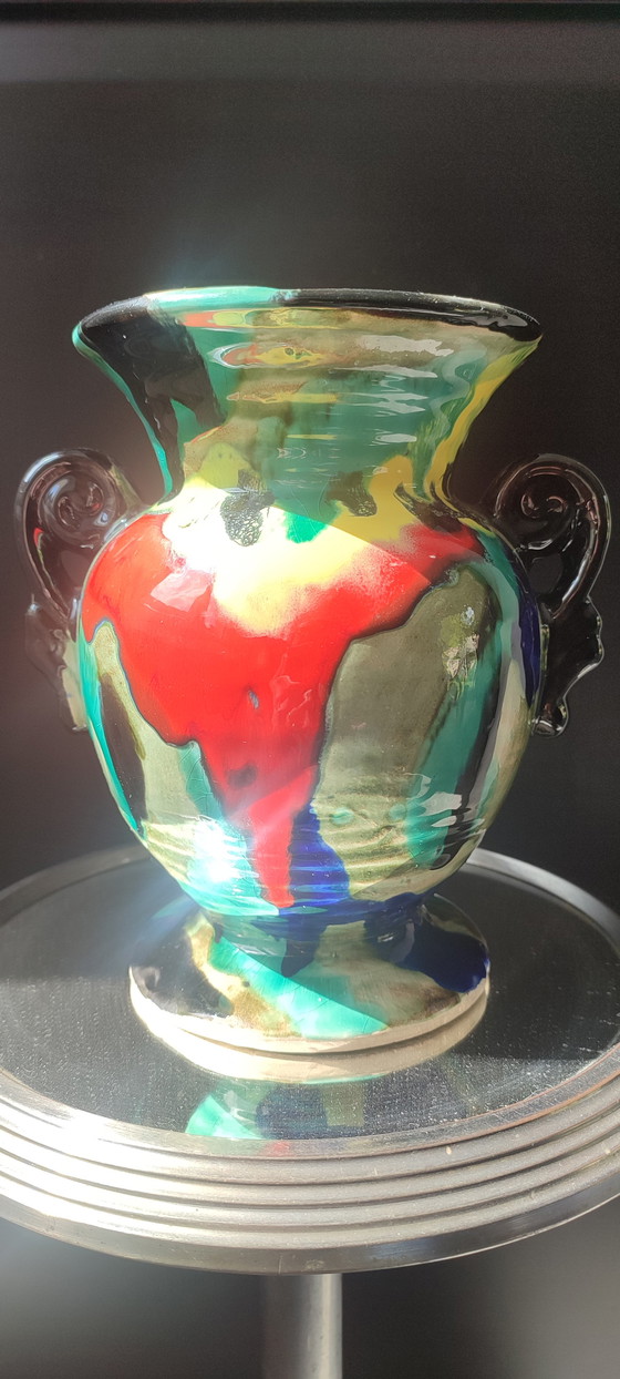 Image 1 of Keramikvase im Art-Deco-Stil mit geflammten Glasuren