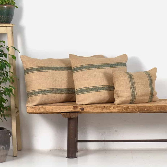 Cojín de lino antiguo a rayas verdes - Dimensiones: 50x50-2, Cojines, Rustic (foto 2 de 7)
