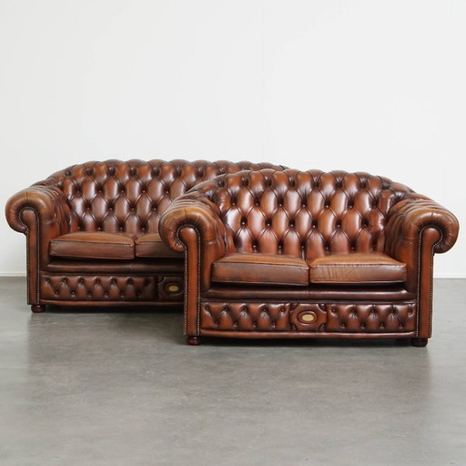 Set of a 2.5 seater and 2 seater brown English cowhide leather chesterfield sofa