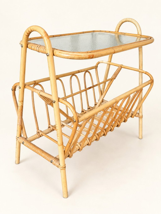Table de lecture vintage scandinave en rotin avec verre – années 60