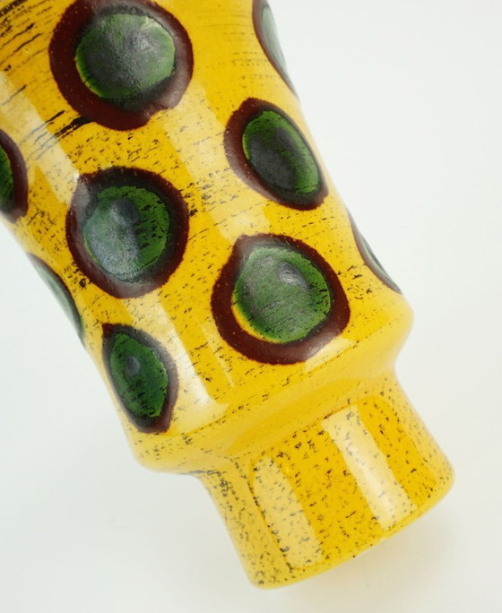 Image 1 of colorful hand-painted strehla gdr ceramic VASE yellow brown green polka dot pattern
