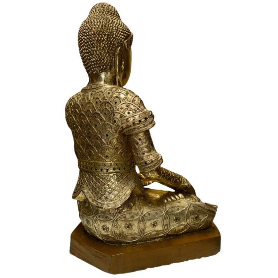 Estatua antigua de Buda Mandalay birmano – Madera dorada con incrustaciones de vidrio – Myanmar ca. 1880–1920 (photo 4 of 10)