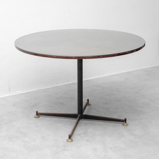 Vintage Round Table in Wood and Glass with Metal Base, 70s Modern Antiques – Conference table (photo 3 of 10)