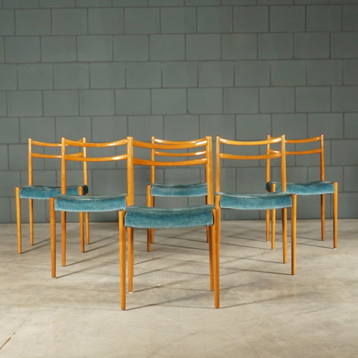 Set Of 6 Vintage Dining Chairs - Teak - Velvet - 1970s