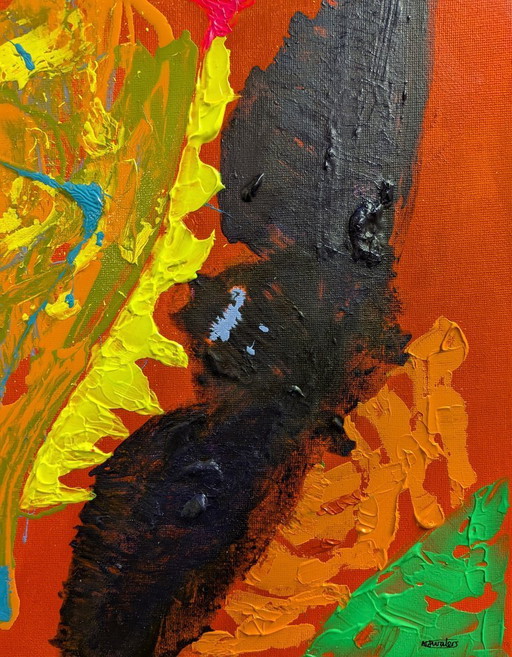 Abstract Expressionist Cat and Bat Painting Oil Drip Painting and Pallet Knife Acrylic Paint red primed canvas unframed 35x45cm 