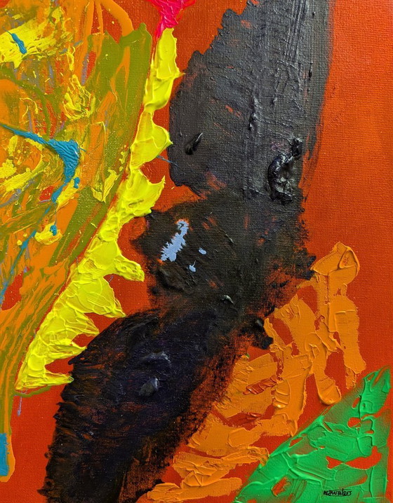 Image 1 of Abstract Expressionist Cat and Bat Painting Oil Drip Painting and Pallet Knife Acrylic Paint red primed canvas unframed 35x45cm 