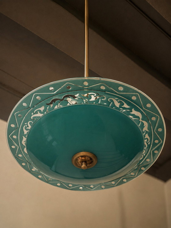 Image 1 of Italian pendant lamp in turquoise - Pietro Chiesa for Fontana Arte