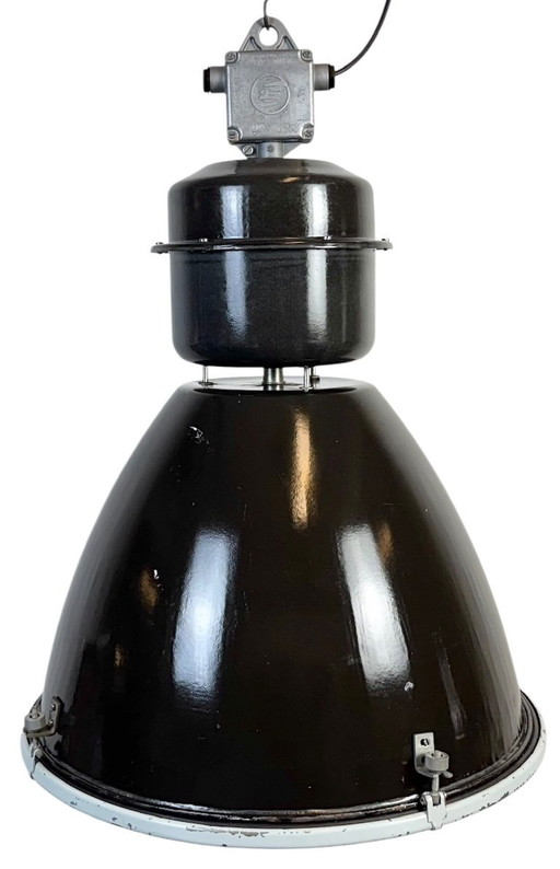Grote zwarte geëmailleerde industriële lamp met heldere glazen kap van Elektrosvit
