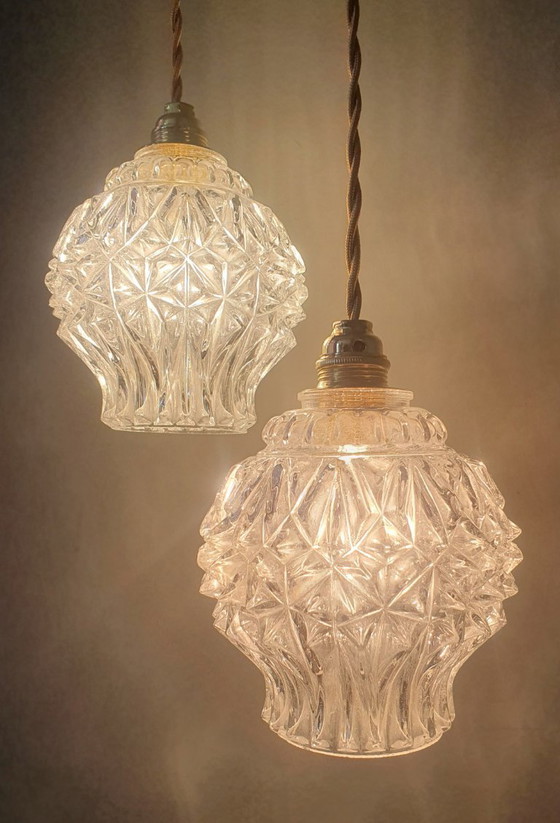 Image 1 of Set van 2 Vintage getextureerde bollampen - hanglampen - midcentury design. 