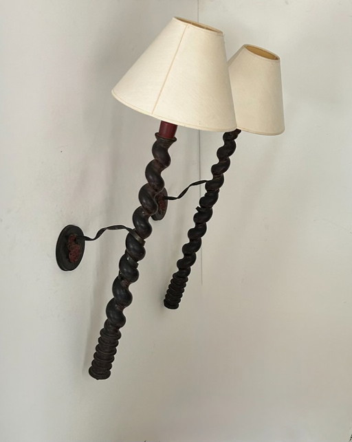 Paar XL Wandlampen van Gedraaid Hout, Frankrijk 1950