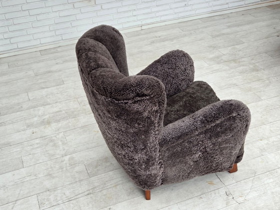 1960s, Danish design, reupholstered armchair, genuine sheepskin., Other, Brown (photo 14 of 20)
