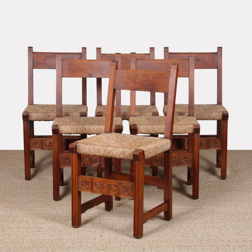 Set of 6 straw-seated wooden chairs, French work, 1950