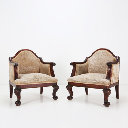 Set vroege Empire fauteuils van massief mahoniehout en schapenvacht, Frankrijk 1820