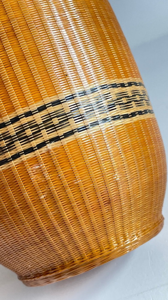 Image 1 of Vintage Woven Bamboo and Fine Porcelain Vase