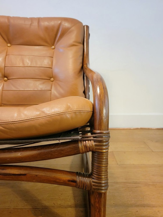 Image 1 of Poltrona vintage in rattan con cuscini in pelle del 1970