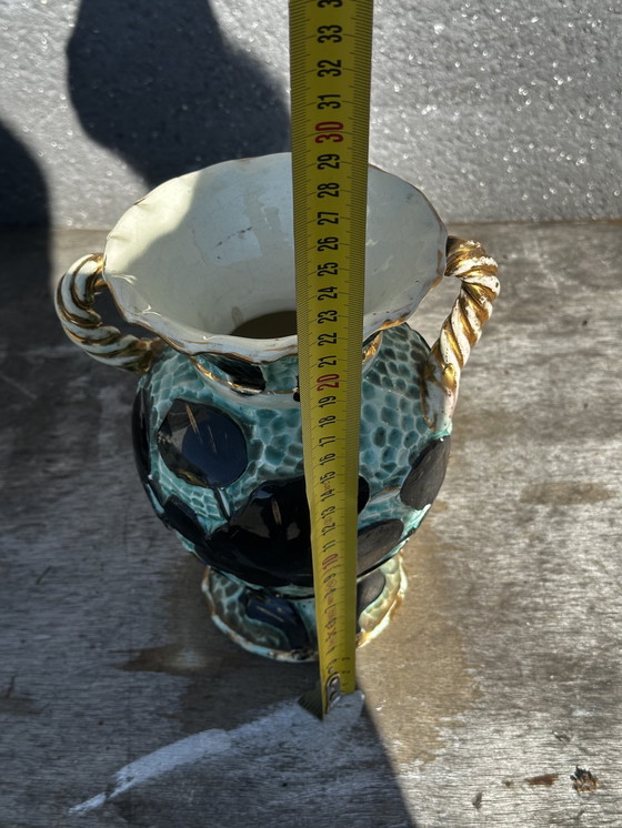 Image 1 of Trio di vasi Amphore Céramique Vallauris Turquoises/Noirs rehaussé d'Or H22cm