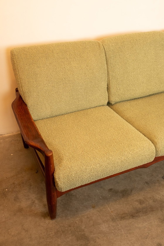 Image 1 of Vintage Deense teakhouten 3-zitsbank met nieuwe mosgroene bouclé bekleding