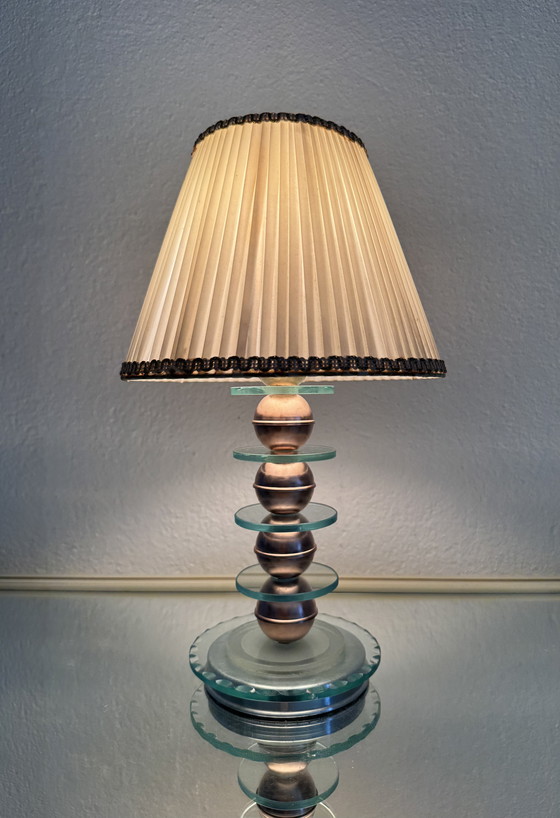 Image 1 of Kleine Art Deco glazen en koperen Bauhaus lamp