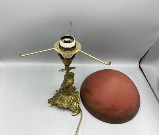 Image 1 of Art Nouveau style brass table lamp with red/black mushroom art de France glass