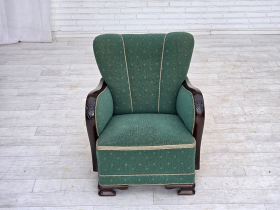 Image 1 of Deense fauteuil uit de jaren 60, bekleed met groene en beige meubelwol.