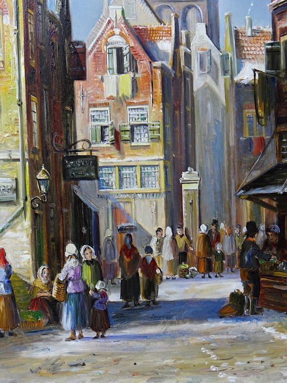 Image 1 of Large framed urban scene oil painting on wood by John Haanstra, vintage