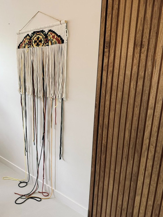 Image 1 of XL Textilkunst | Makramee-Wandteppich mit gewebtem Pixel-Muster | Bohème-Design