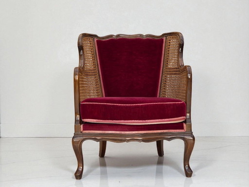 Poltrona danese, anni '50, velluto, legno di frassino, rete metallica.