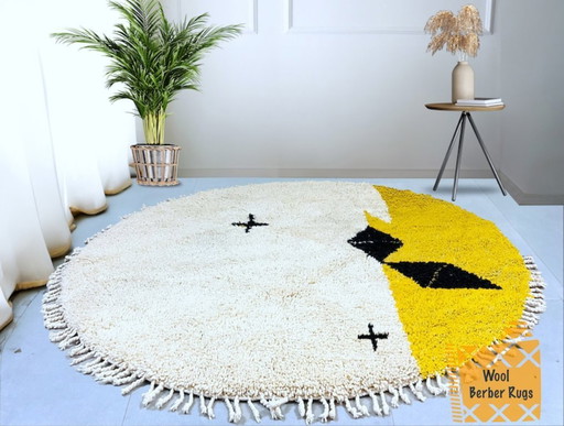 Round Beni ourain rug, Authentic Moroccan rug, Yellow and White Rug, Genuine Wool rug, Handmade rug 200cm