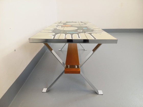 Image 1 of Vintage coffee table from the 60s and 70s in ceramic, chrome metal and wood