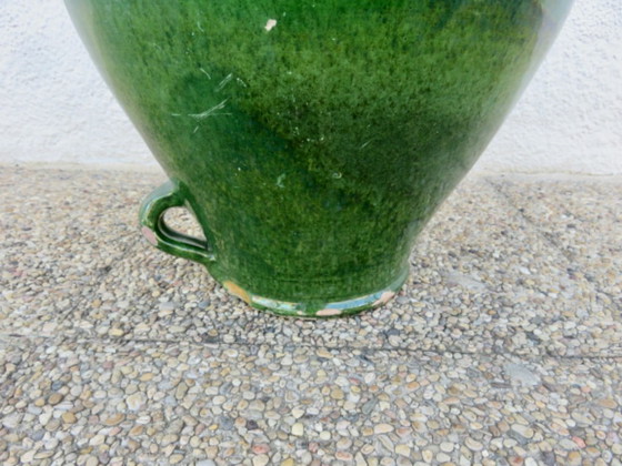 Image 1 of Ancienne jarre à huile en terre cuite vernissée vert, sud de la France, fin XIXème