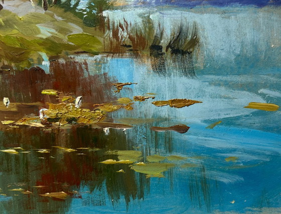 Image 1 of Original Oil Painting Summer Coastal Landscape The river washes the forest